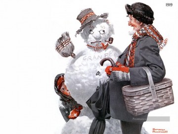 Gramps et le bonhomme de neige Norman Rockwell Peinture à l'huile